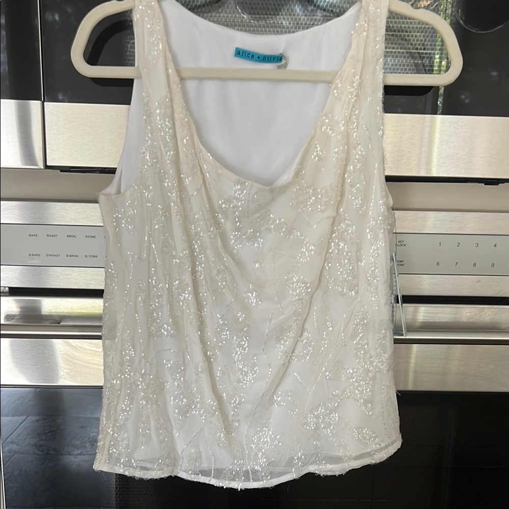 Alice + Olivia Cream Sequin Sleeveless Tank